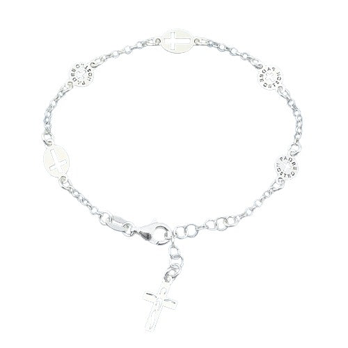 Sterling Silver Rosary with Cross Discs Bracelet-7+1 Inches Extension