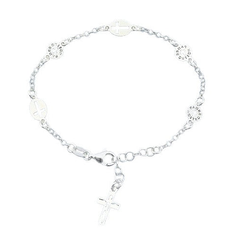 Sterling Silver Rosary with Cross Discs Bracelet-7+1 Inches Extension