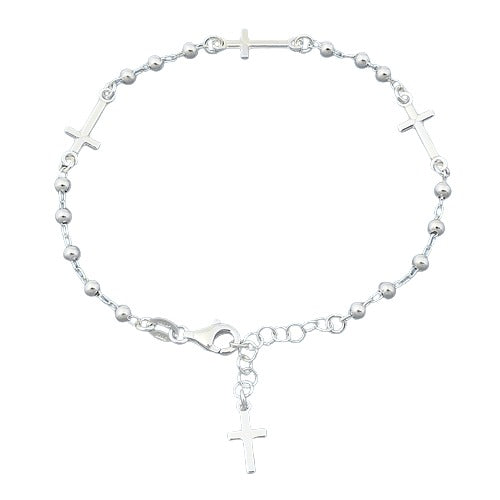 Sterling Silver Rosary Alternating Bead and Cross Bracelet-7+1 Inches Extension