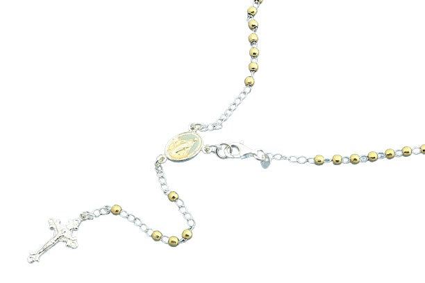 Sterling Silver Yellow Gold Rosary Diamond Cut Bead Necklace