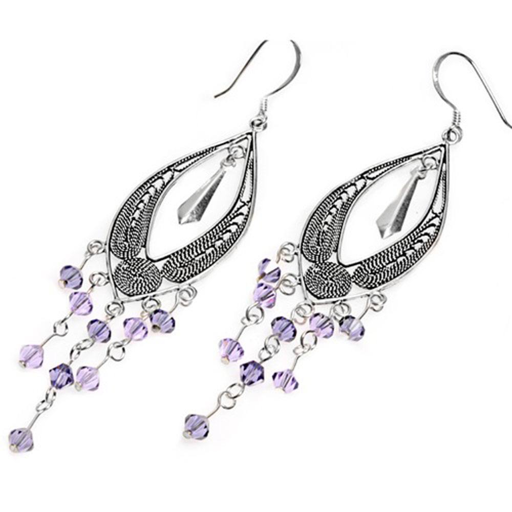 Sterling Silver Spinner Oval Design Hangings with Lavender Crystal Stone CZ EarringsAnd Height 68 mm