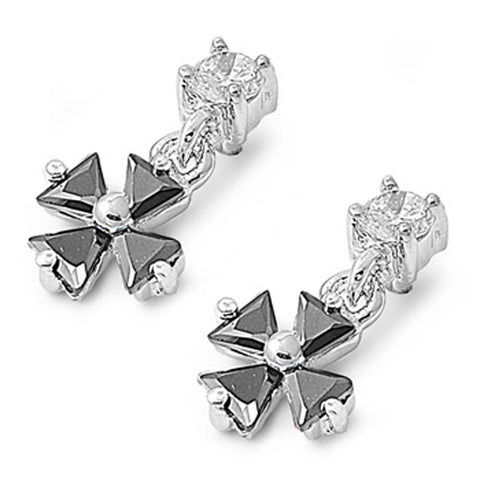 Sterling Silver Black Triangle And Round Shaped CZ EarringsAnd Face Height 11 mm