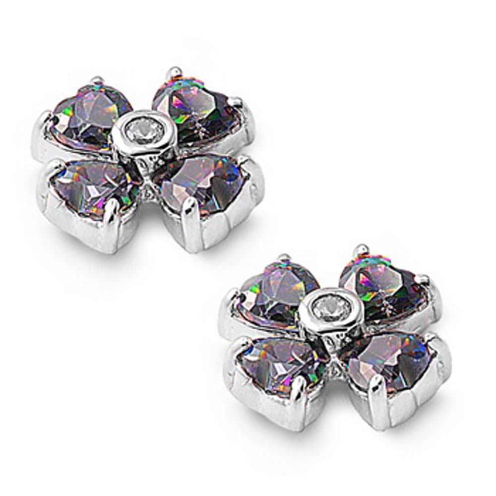 Sterling Silver Fancy Flower Earrings with Simulated Rainbow Topaz Diamonds On Prong Setting with Friction Back PostAnd Height 10MM
