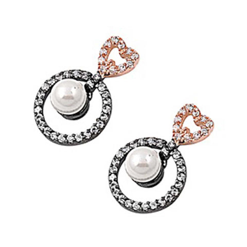 Sterling Silver Two Tone Plated Heart And Round Shaped Earrings With Freshwater Pearl And Clear CZ