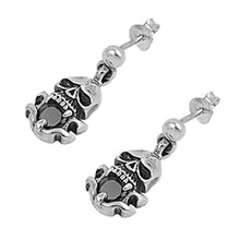 Load image into Gallery viewer, Sterling Silver Black Cz Skull Push-back Earrings with Earring Face Height of 20MM