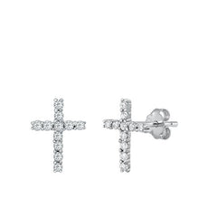 Load image into Gallery viewer, Sterling Silver Rhodium Plated Cross CZ Earrings