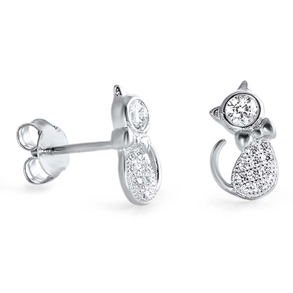 Sterling Silver Cat Shaped CZ Earrings and Face Height 11 mm