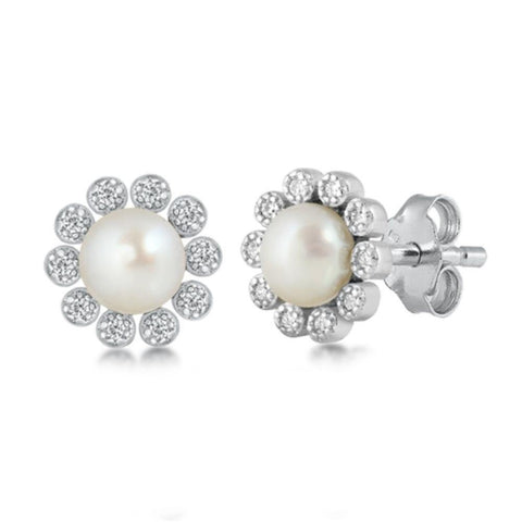 Sterling Silver Rhodium Plated Pearl Stud Earrings
