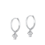 Sterling Silver Rhodium Plated Hoop With Charm Triangle Clear CZ Earrings