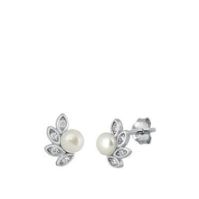 Load image into Gallery viewer, Sterling Silver Rhodium Plated Pearl CZ Earrings