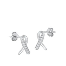 Load image into Gallery viewer, Sterling Silver Rhodium Plated Breast Cancer Ribbon CZ Stud Earrings