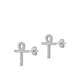 Sterling Silver Rhodium Plated Ankh Cross Clear CZ Earrings