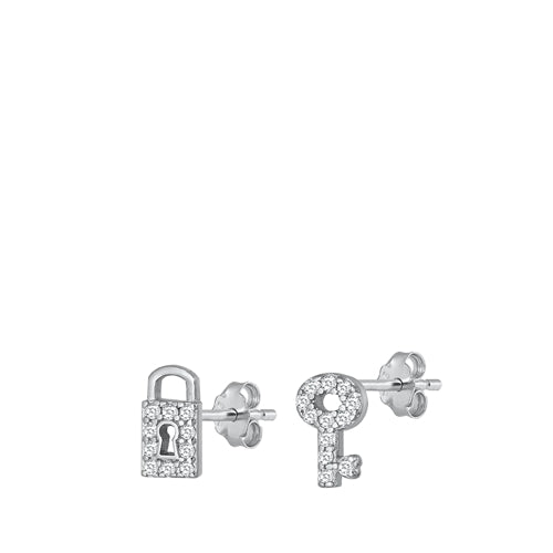 Sterling Silver Rhodium Plated Lock And Key Clear CZ Earrings
