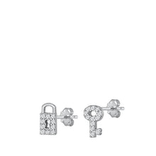 Load image into Gallery viewer, Sterling Silver Rhodium Plated Lock And Key Clear CZ Earrings