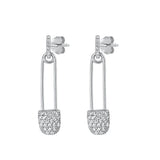 Sterling Silver Rhodium Plated Safety Pin Clear CZ Earrings