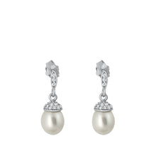 Load image into Gallery viewer, Sterling Silver Rhodium Plated Hanging Pearl And Clear CZ Earrings