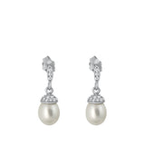 Sterling Silver Rhodium Plated Hanging Pearl And Clear CZ Earrings