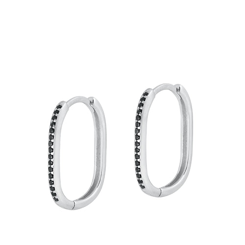 Sterling Silver Rhodium Plated Rectangle Round Black CZ Earrings