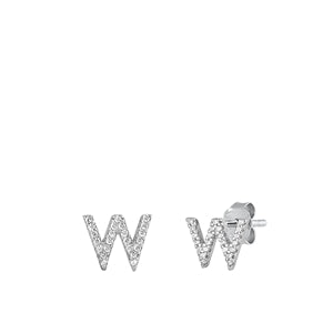 Sterling Silver Rhodium Plated Initial W CZ Earrings