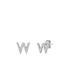 Load image into Gallery viewer, Sterling Silver Rhodium Plated Initial W CZ Earrings