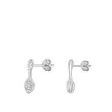 Load image into Gallery viewer, Sterling Silver Rhodium Plated Spoon And Fork Clear CZ Earrings