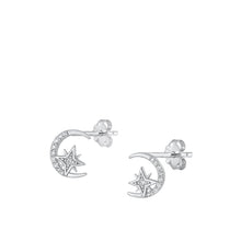 Load image into Gallery viewer, Sterling Silver Rhodium Plated Moon And Star Clear CZ Earrings