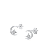 Sterling Silver Rhodium Plated Moon And Star Clear CZ Earrings
