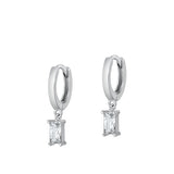 Sterling Silver Rhodium Plated Hoop With Rectangular Charm Clear CZ Earrings