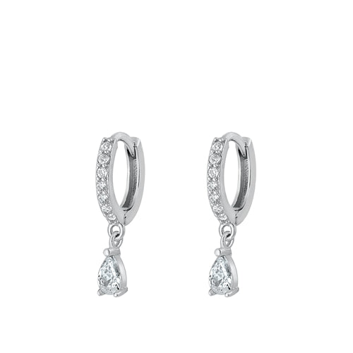 Sterling Silver Rhodium Plated Hoop With Charm Clear CZ Earrings-6.2mm