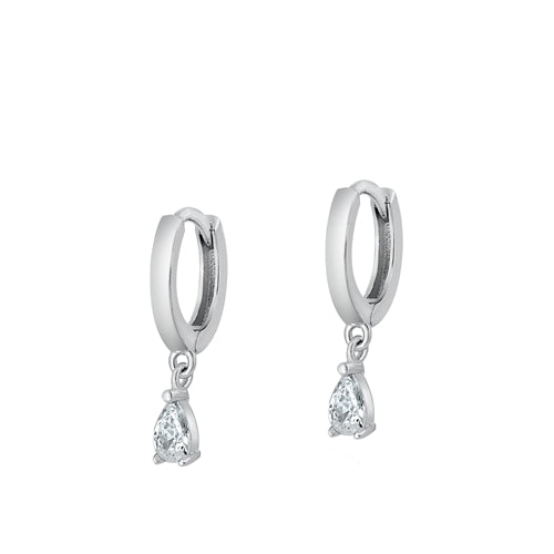 Sterling Silver Rhodium Plated Clear CZ Hoop With Charm Earrings