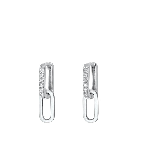 Sterling Silver Rhodium Plated Rectangular Hoop Clear CZ Earrings Face Height-20mm