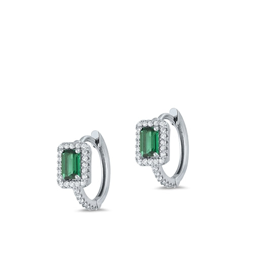 Sterling Silver Rhodium Plated Rectangular Green And Clear CZ Earrings