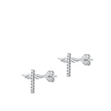 Sterling Silver Rhodium Plated Winged Cross Clear CZ Earrings