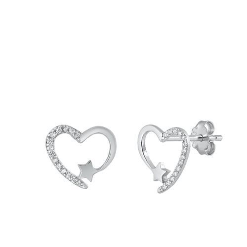 Sterling Silver Rhodium Plated Heart Clear CZ Earrings Face Height-11.5mm
