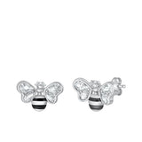 Sterling Silver Rhodium Plated Bee Clear CZ Earrings Face Height-11.8mm