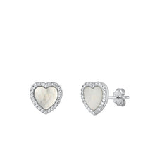 Load image into Gallery viewer, Sterling Silver Rhodium Plated Heart Mother Of Pearl And Clear CZ Earrings Face Height-9.5mm