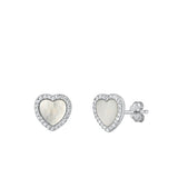 Sterling Silver Rhodium Plated Heart Mother Of Pearl And Clear CZ Earrings Face Height-9.5mm