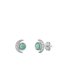 Load image into Gallery viewer, Sterling Silver Rhodium Plated Moon Genuine Turquoise And Clear CZ Earrings Face Height-10.4mm