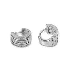 Load image into Gallery viewer, Sterling Silver Fancy Huggie Hoop Earring with Triple Channel Set Round Clear CzAnd Earring Height of 11MM and Thickness of 2MM