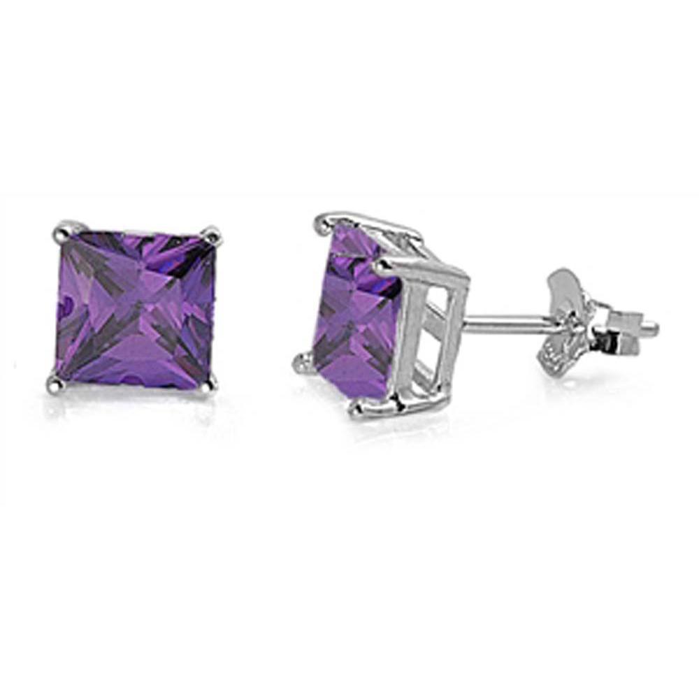Sterling Silver Rhodium Plated 7mm Princess Cut Cz Stud Earring Set on Basket Prong Setting with Friction Back Post
