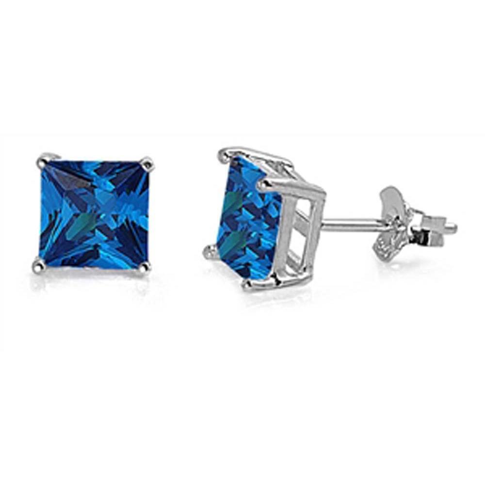 Sterling Silver Rhodium Plated 4mm Princess Cut Cz Stud Earring Set on Basket Prong Setting with Friction Back Post