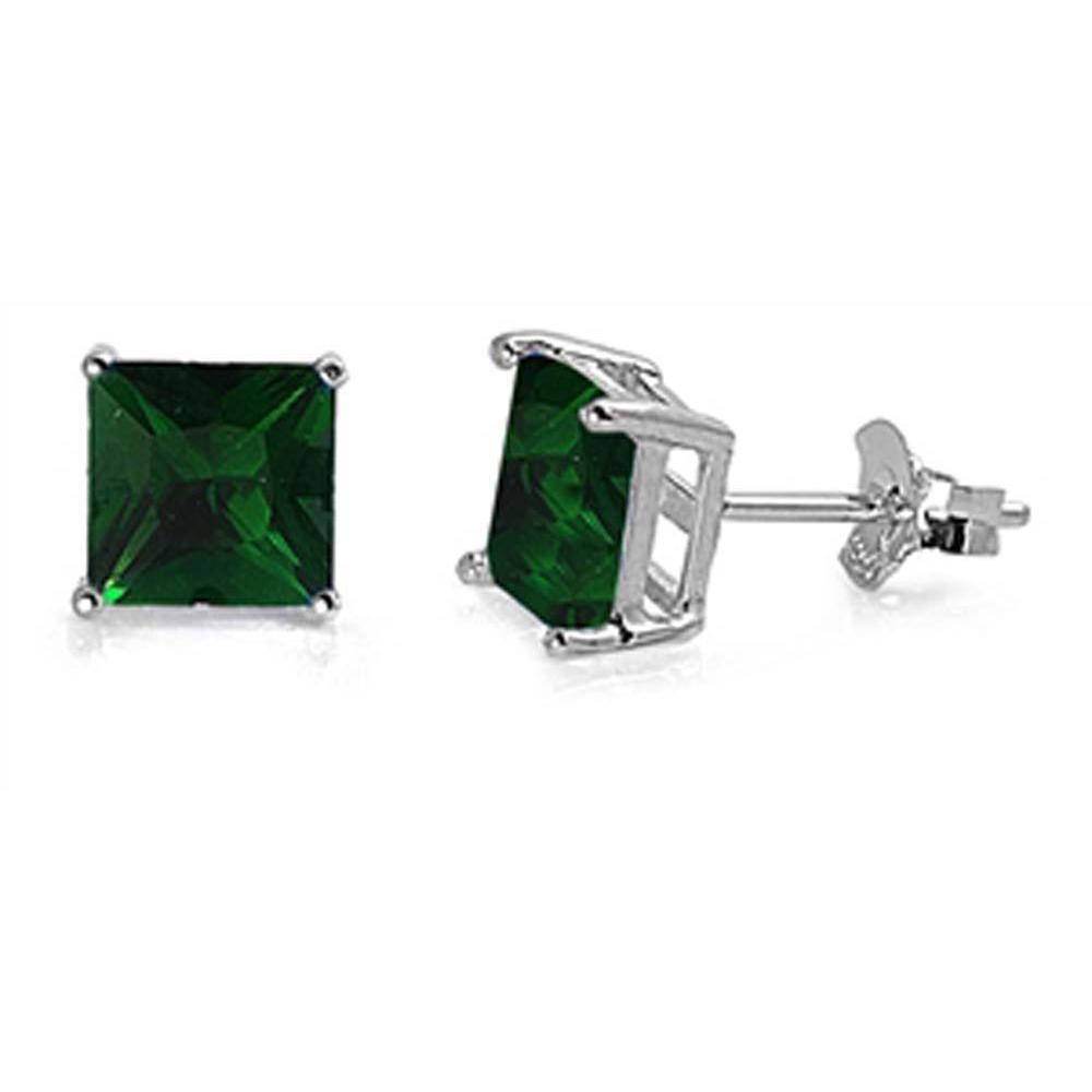 Sterling Silver Rhodium Plated 5mm Princess Cut Cz Stud Earring Set on Basket Prong Setting with Friction Back Post