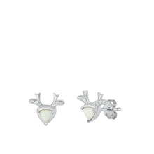 Load image into Gallery viewer, Sterling Silver Rhodium Plated Deer Clear CZ And White Lab Opal Earrings