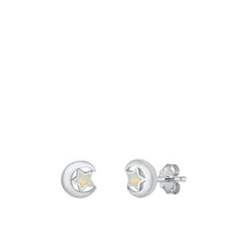 Load image into Gallery viewer, Sterling Silver Rhodium Plated Moon And Star White Lab Opal Earrings