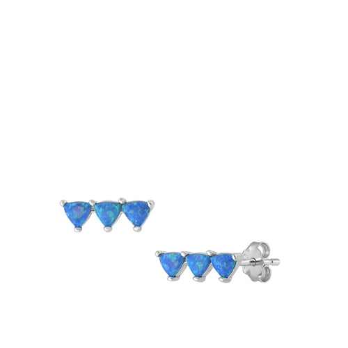 Sterling Silver Rhodium Plated Triple Triangle Blue Lab Opal Earrings