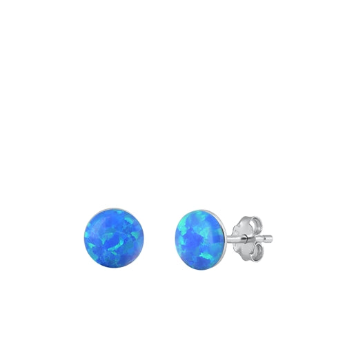 Sterling Silver Rhodium Plated Round Blue Lab Opal Earrings