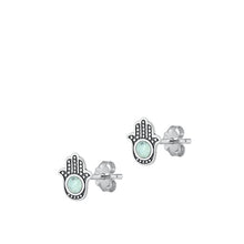 Load image into Gallery viewer, Sterling Silver Oxidized Hamsa Genuine Larimar Stone Earrings Face Height-9.1mm