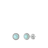 Sterling Silver Oxidized Circle Genuine Larimar Stone Earrings Face Height-6.4mm