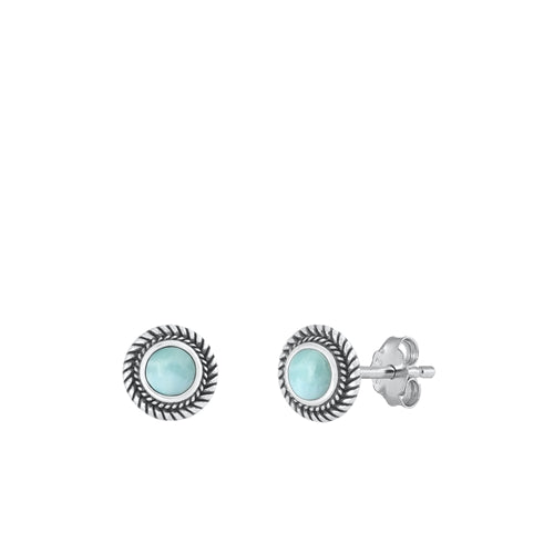 Sterling Silver Oxidized Round Genuine Larimar Stone Earrings Face Height-7.8mm