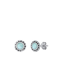 Load image into Gallery viewer, Sterling Silver Oxidized Genuine Larimar Round Stone Earrings Face Height-7.3mm